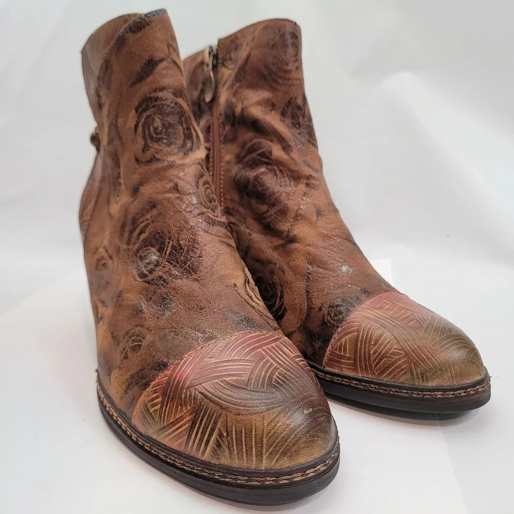 Spring Step L'Artiste Ankle Boots Womens Brown Gold Floral Leather 39